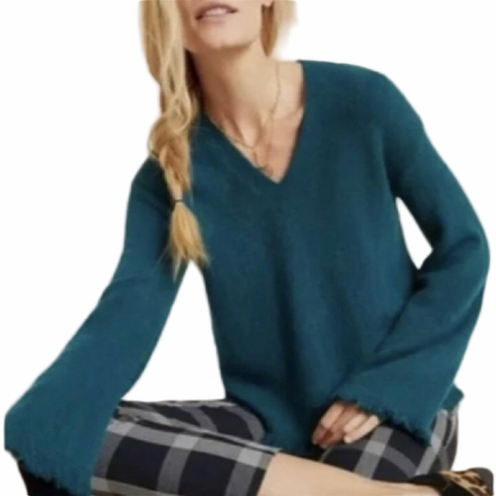 Anthropologie| Fringed teal v neck sweater. S26